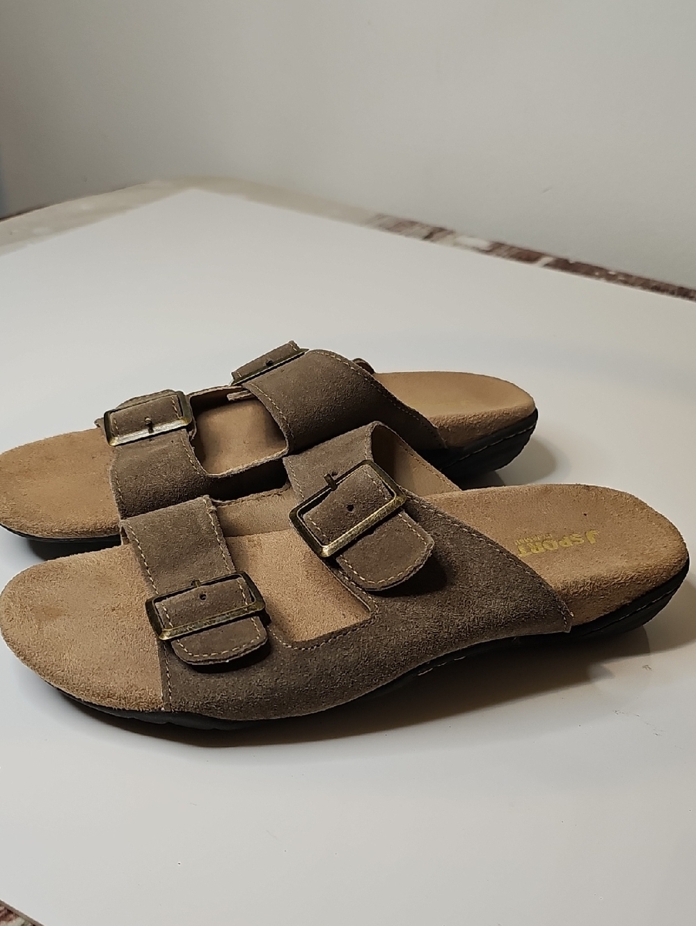JSport by Jambu Women's Double-Buckle Suede Slide Sandal - Taupe Size 8M - Picture 3 of 6